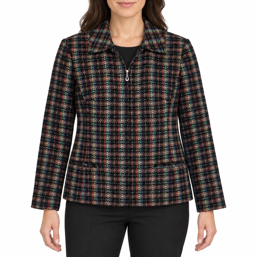 Sag Harbor Womens Multcolor Metallic Plaid Tweed Full Zip Blazer Size 12 Petite